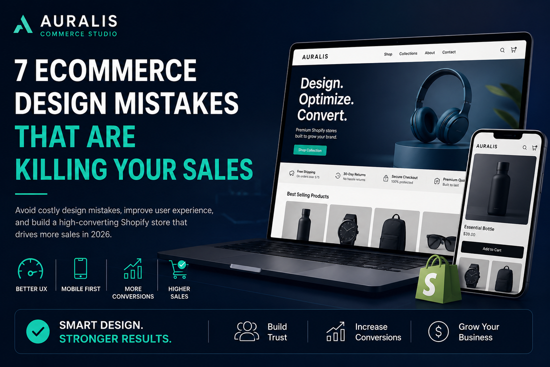 Premium ecommerce blog cover showing Shopify store design mistakes that reduce conversions, featuring modern ecommerce website mockups, mobile-first design, UX optimization, and conversion-focused branding by Auralis Commerce Studio.