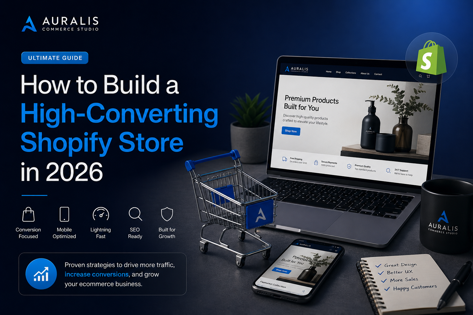 Premium Auralis Commerce Studio blog banner showing how to build a high-converting Shopify store in 2026 with ecommerce branding, mobile optimization, SEO, and conversion-focused design.