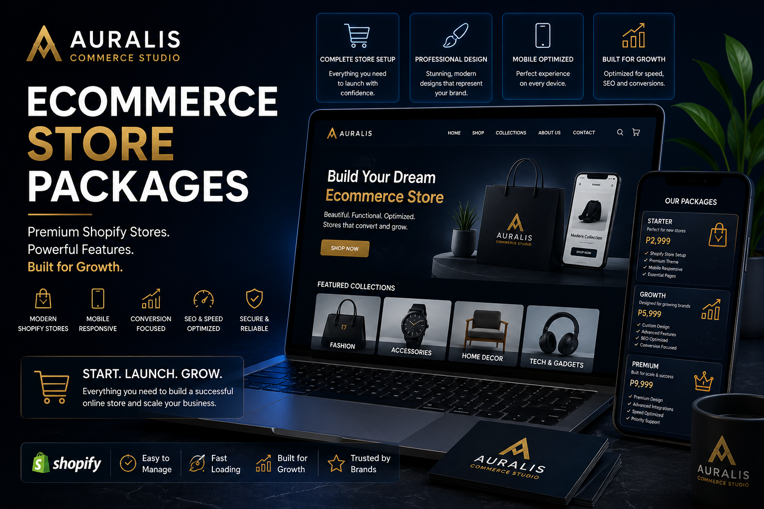 Premium ecommerce store packages banner showcasing Shopify store setup, ecommerce redesign, mobile optimization and growth-focused online business solutions by Auralis Commerce Studio.