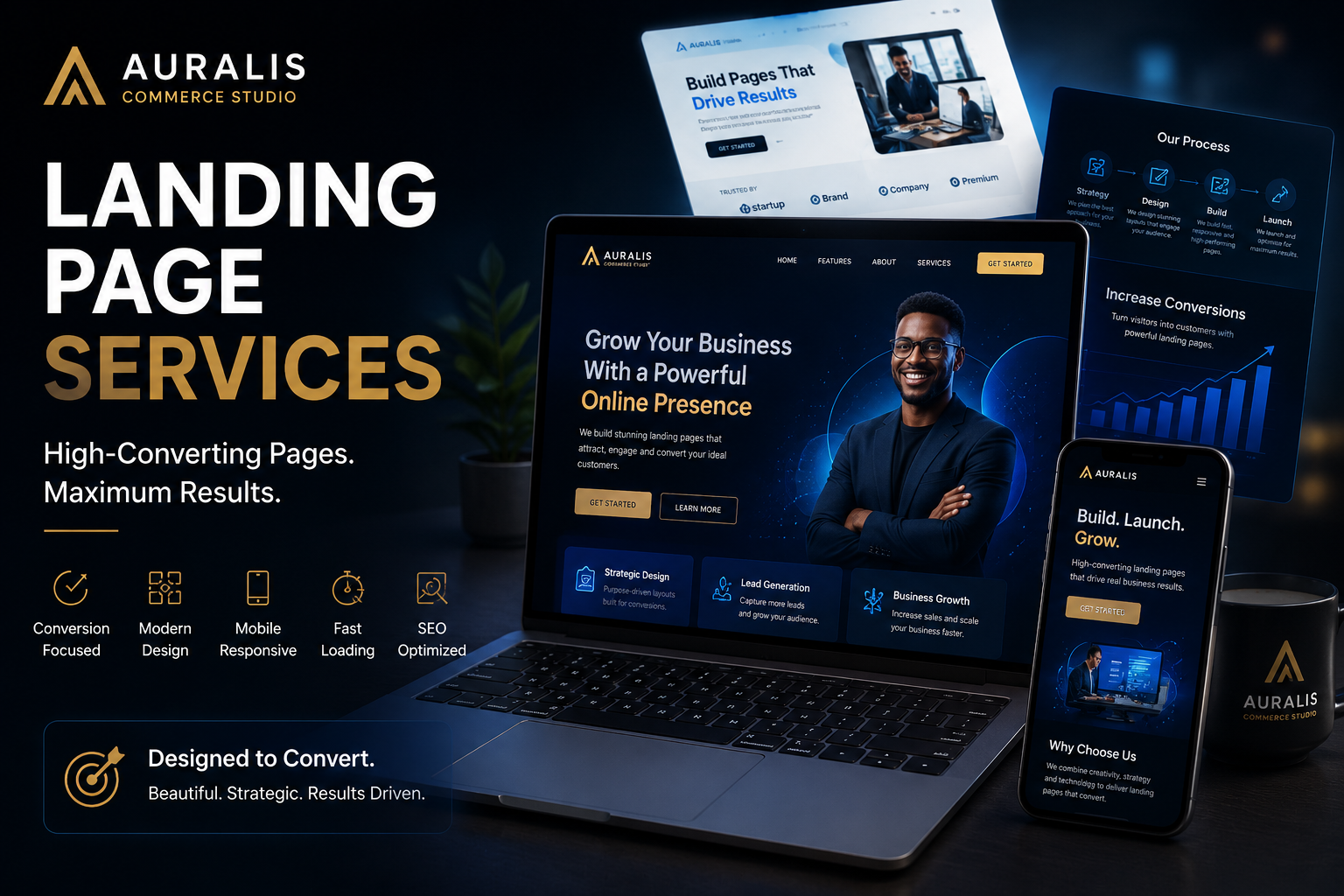 Premium landing page services banner by Auralis Commerce Studio showing modern conversion-focused web design and ecommerce growth solutions