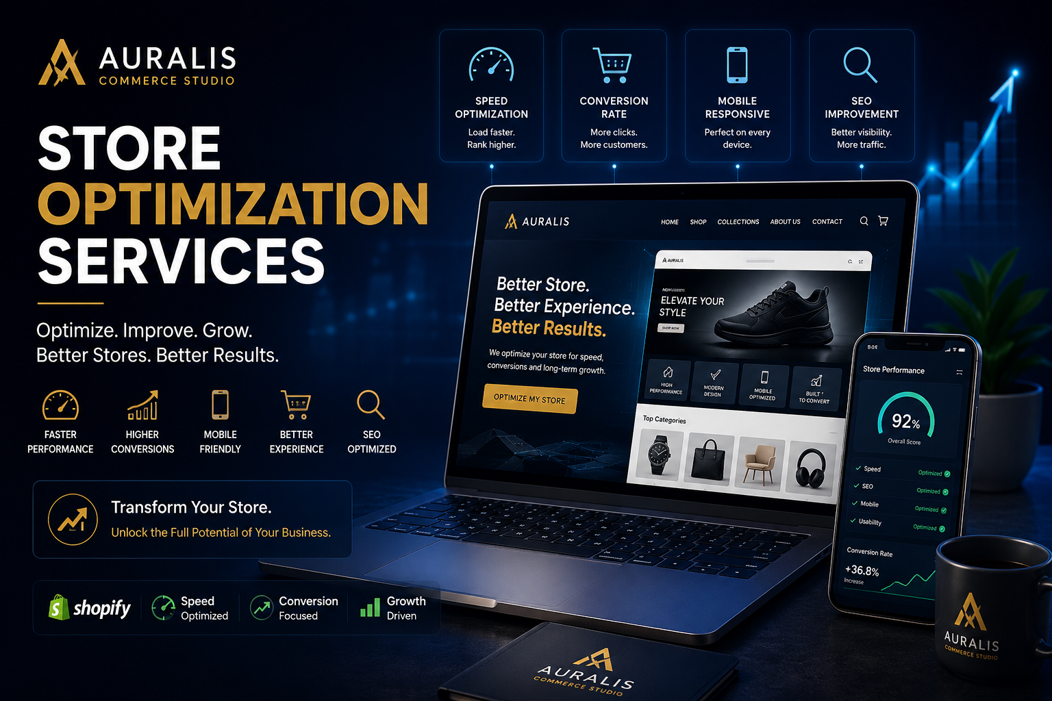 Premium ecommerce store optimization banner showcasing Shopify redesign, conversion optimization, mobile responsiveness and performance improvements by Auralis Commerce Studio.
