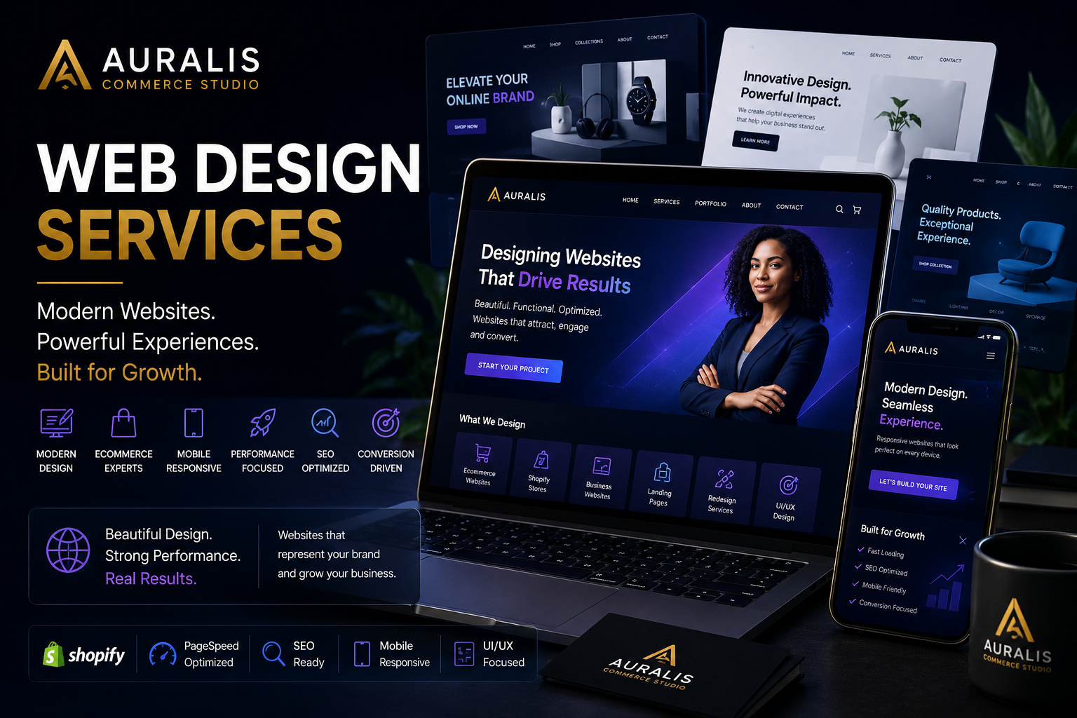 Premium web design services banner showcasing modern ecommerce website development, Shopify design, responsive layouts and conversion-focused digital experiences by Auralis Commerce Studio.