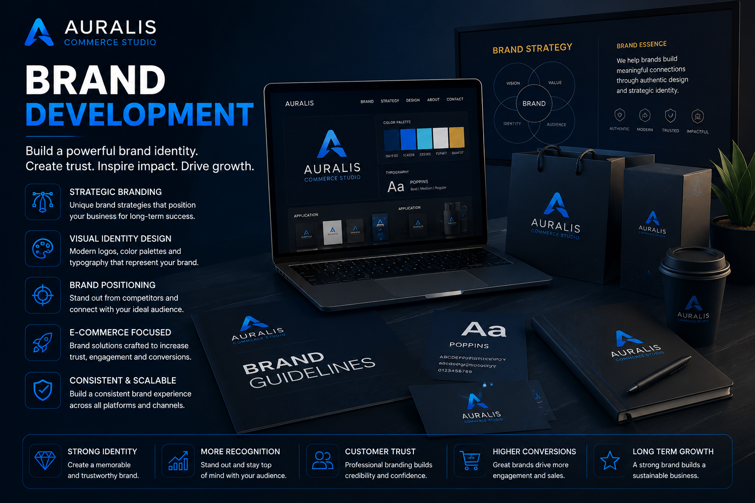 Premium brand development collection banner by Auralis Commerce Studio featuring ecommerce branding, logo identity systems, brand strategy, typography and modern visual identity design.