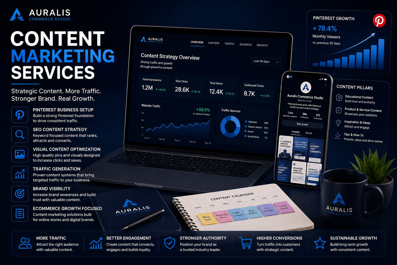 Premium content marketing services banner by Auralis Commerce Studio featuring Pinterest marketing, SEO content strategy, traffic growth analytics, ecommerce content systems and digital brand visibility solutions.