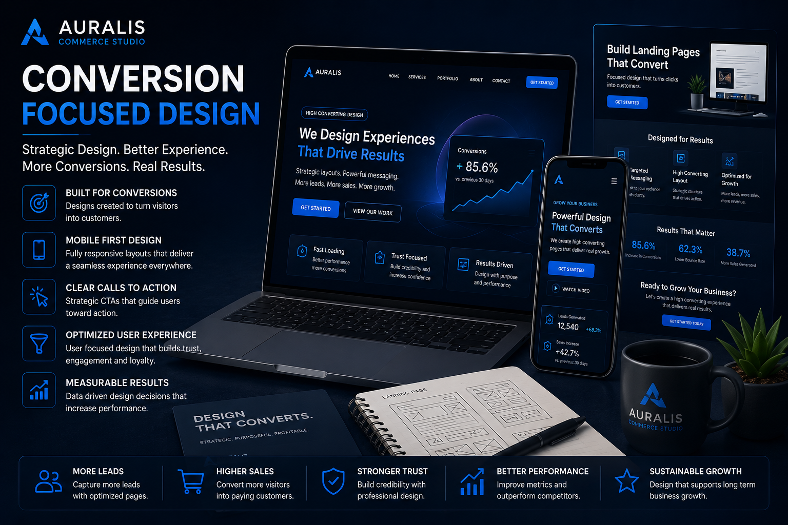 Premium conversion focused design banner by Auralis Commerce Studio featuring landing page design, ecommerce UI, mobile optimization, analytics and high converting digital experiences.