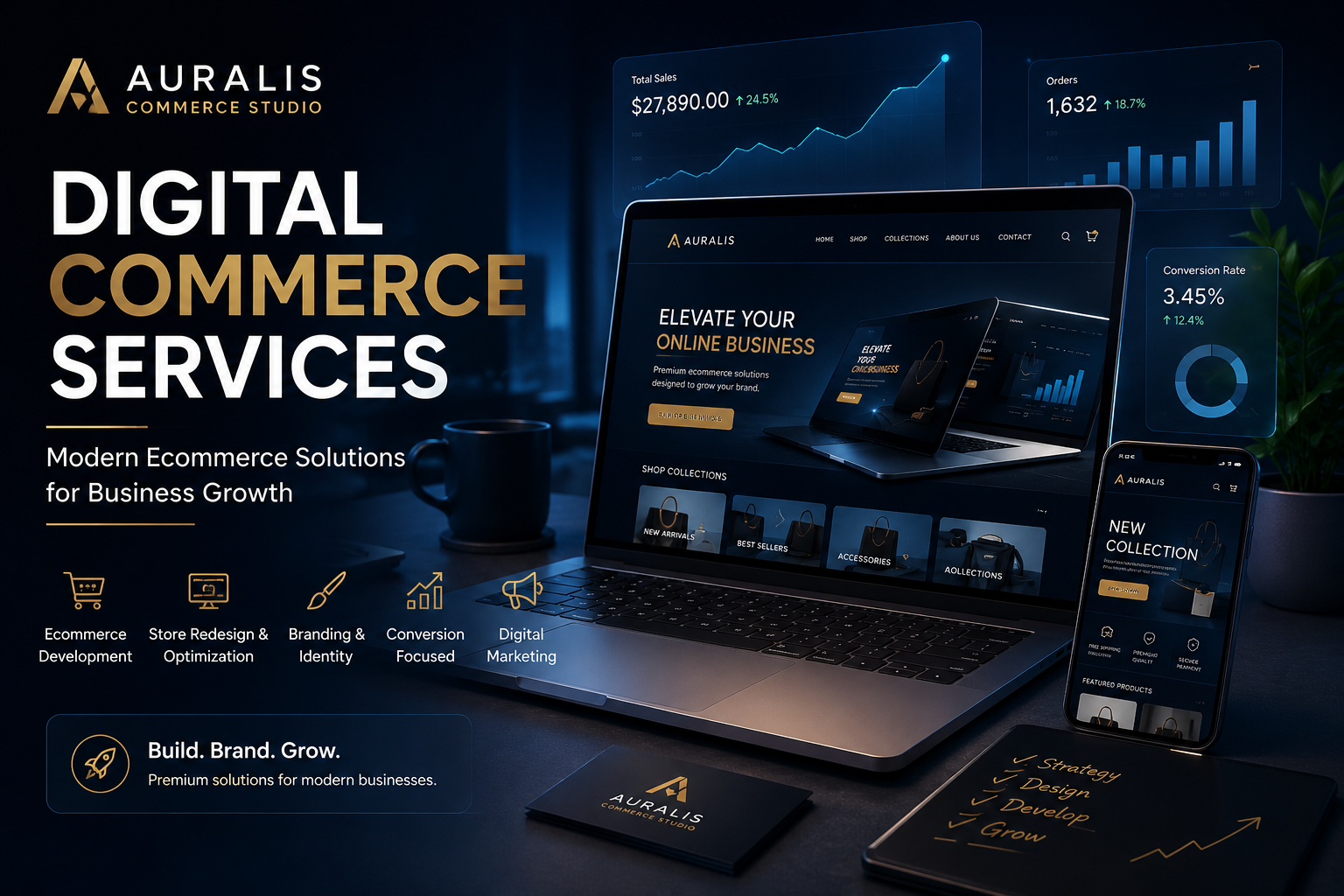 Premium Digital Commerce Services collection banner by Auralis Commerce Studio featuring modern ecommerce dashboards, branding and online business growth solutions.