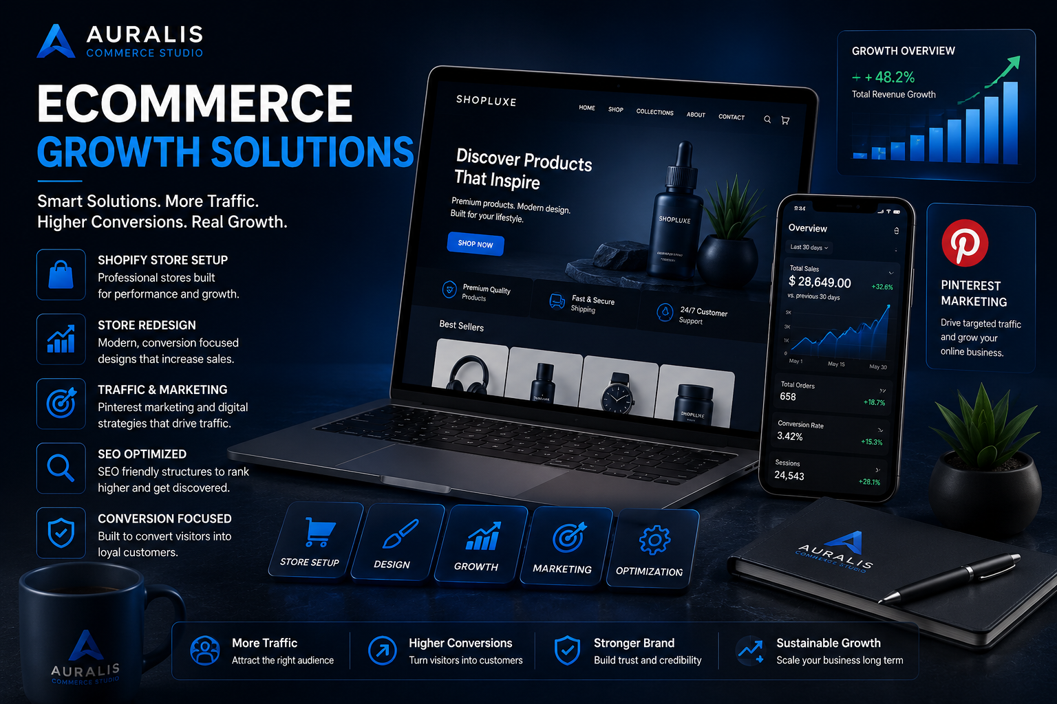 Modern ecommerce growth solutions banner by Auralis Commerce Studio featuring Shopify store design, analytics dashboard, Pinterest marketing, SEO optimization and digital business growth services.