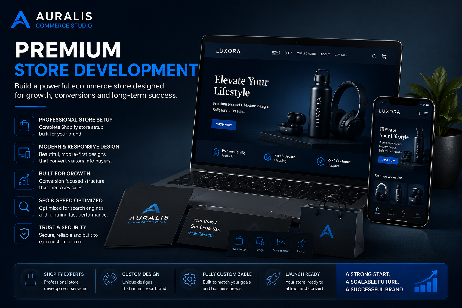 Premium Store Development collection banner by Auralis Commerce Studio showcasing modern ecommerce website design, Shopify store setup, branding, mobile shopping experience and conversion focused online business solutions.