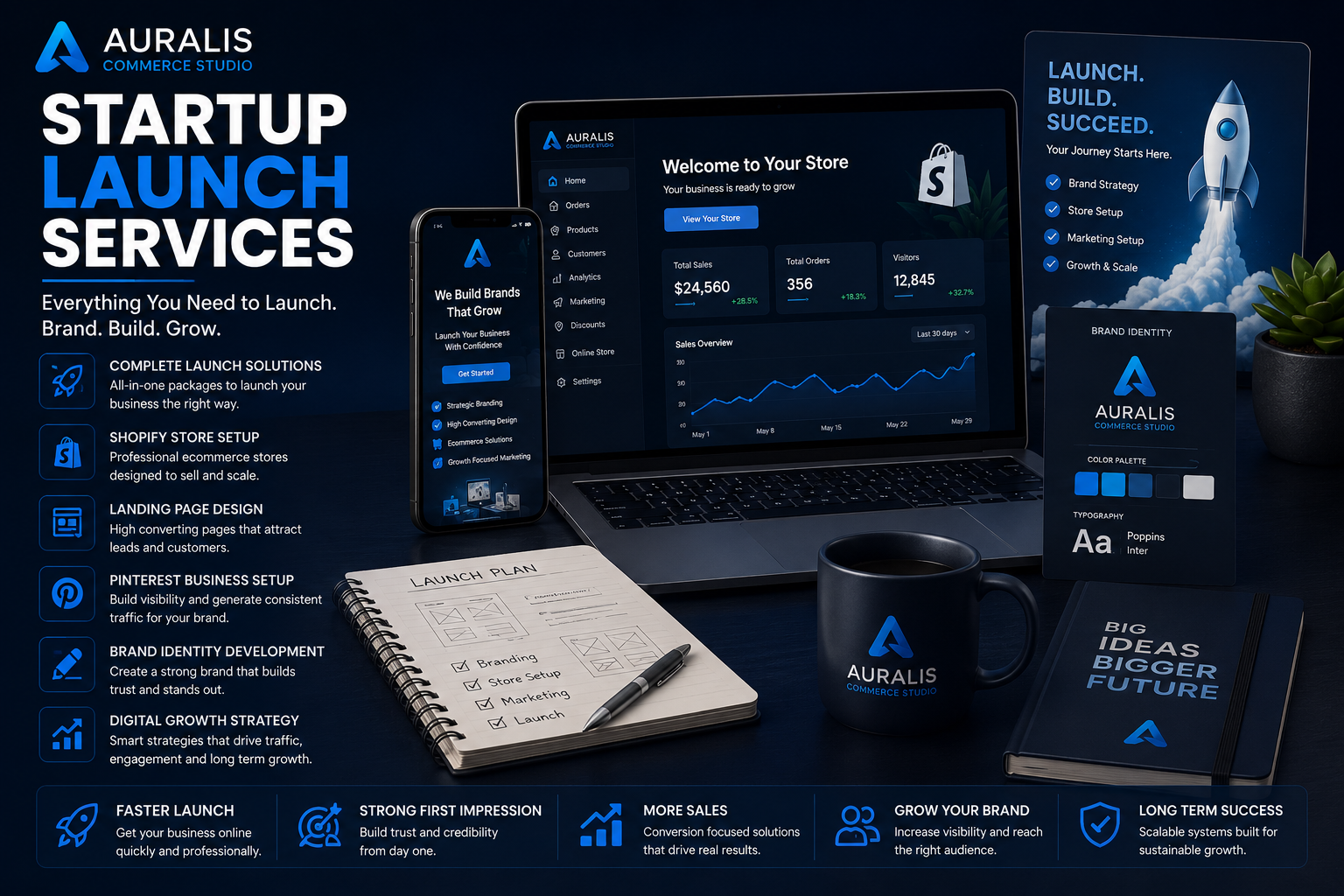 Premium startup launch services banner by Auralis Commerce Studio featuring Shopify store setup, branding, landing page design, Pinterest marketing and ecommerce business launch solutions.