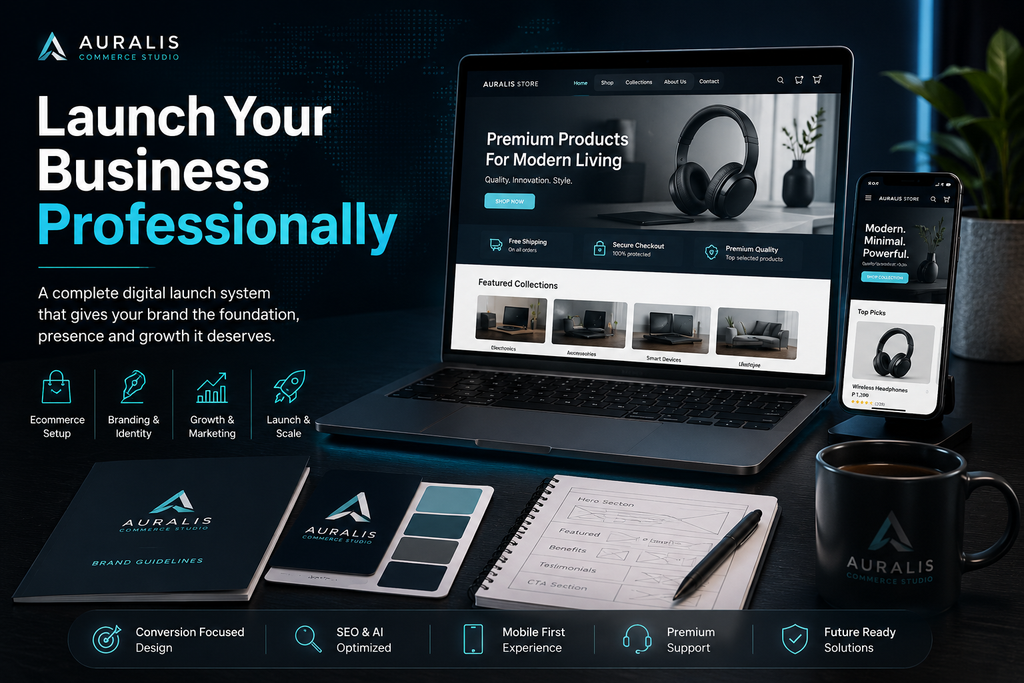 Auralis Commerce Studio business launch package showing ecommerce store setup, branding design, digital growth systems and startup launch