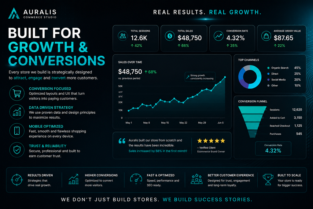 Ecommerce growth and conversion dashboard showcasing Shopify store performance metrics, sales analytics and conversion-focused web design.