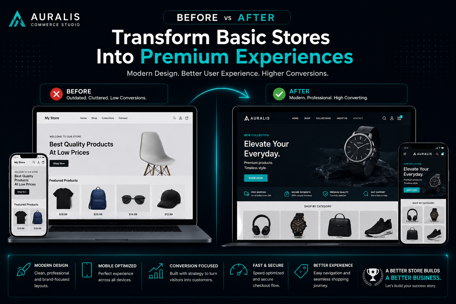 
Before and after ecommerce website redesign comparison showing transformation into a premium modern Shopify store by Auralis Commerce Studio.