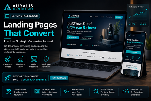 Premium landing page design service by Auralis Commerce Studio showing a modern high-converting business landing page for ecommerce growth and lead generation