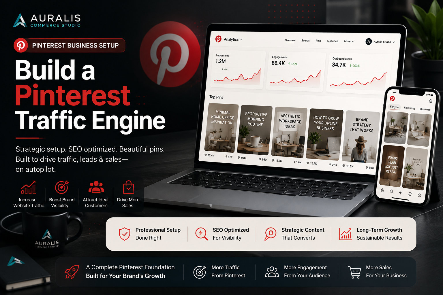 Pinterest Business Setup service by Auralis Commerce Studio showing Pinterest analytics dashboard, SEO optimization and traffic growth strategy for ecommerce brands.
