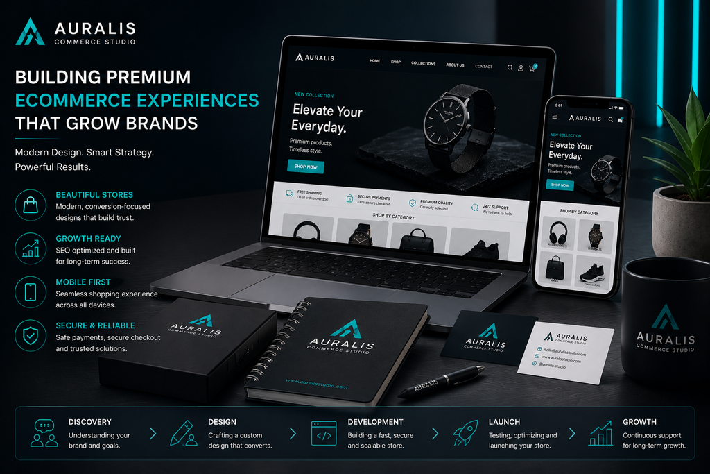
Premium ecommerce branding and Shopify store development mockup featuring branded business materials, mobile design and online store solutions.