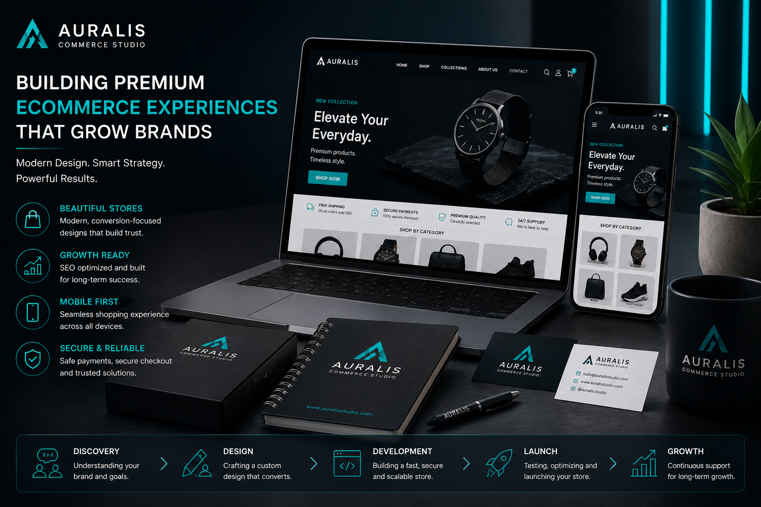 
Premium ecommerce branding and Shopify store development mockup featuring branded business materials, mobile design and online store solutions.