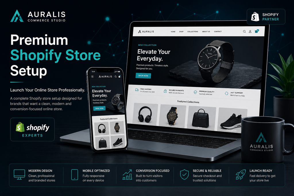 Premium Shopify store starter service by Auralis Commerce Studio featuring modern ecommerce website design and scalable online store solutions.