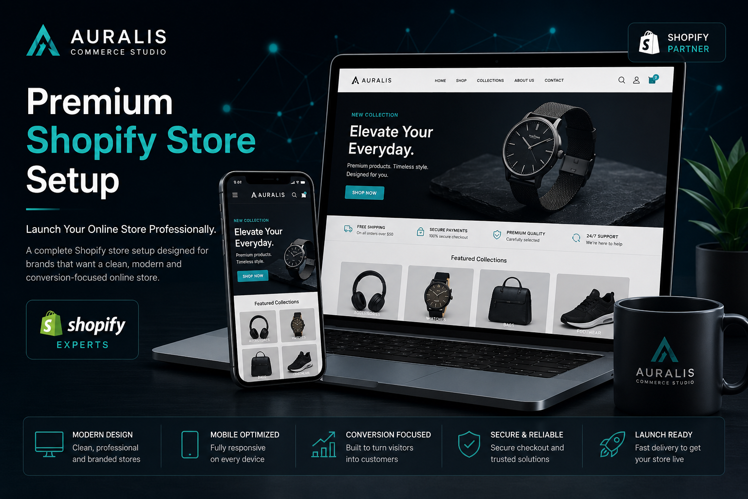 Premium Shopify store starter service by Auralis Commerce Studio featuring modern ecommerce website design and scalable online store solutions.