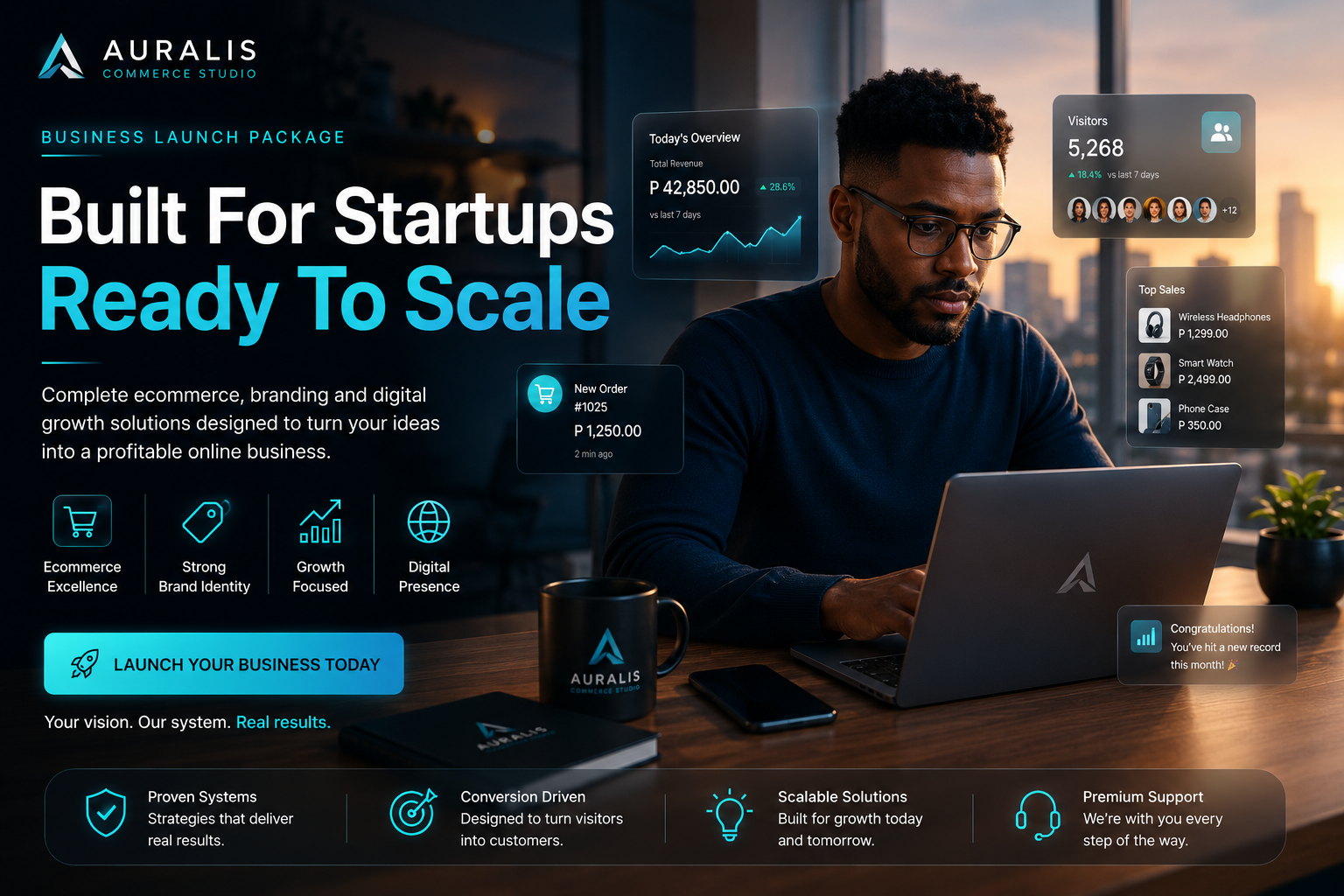 
Startup founder using Auralis Commerce Studio business launch package with ecommerce growth dashboards, branding solutions and scalable digital