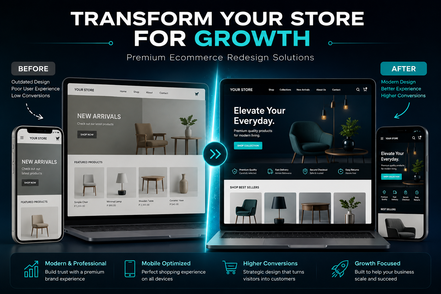 Premium ecommerce growth solution service by Auralis Commerce Studio showing modern Shopify store redesign and conversion focused online shopping experience