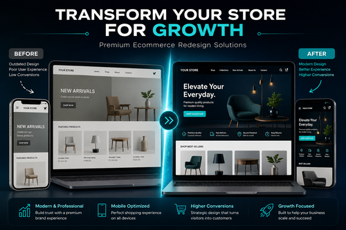 Premium ecommerce growth solution service by Auralis Commerce Studio showing modern Shopify store redesign and conversion focused online shopping experience