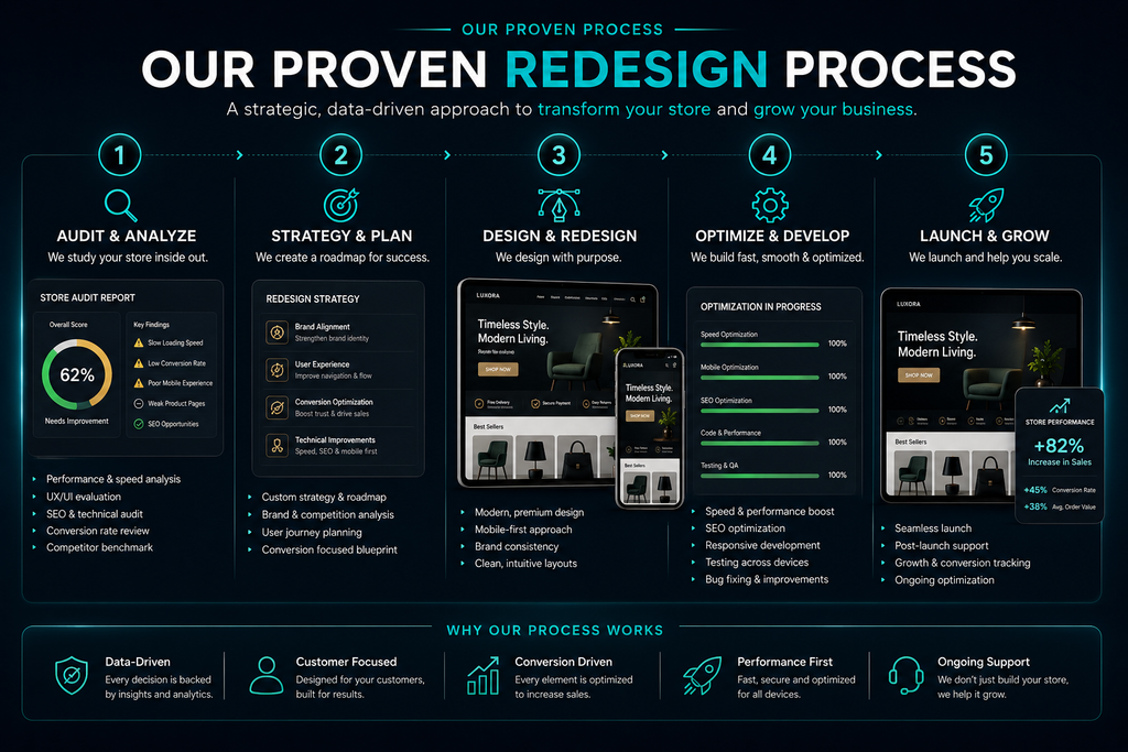  Ecommerce store redesign process infographic showing audit, strategy, redesign, optimization and launch workflow for online stores.