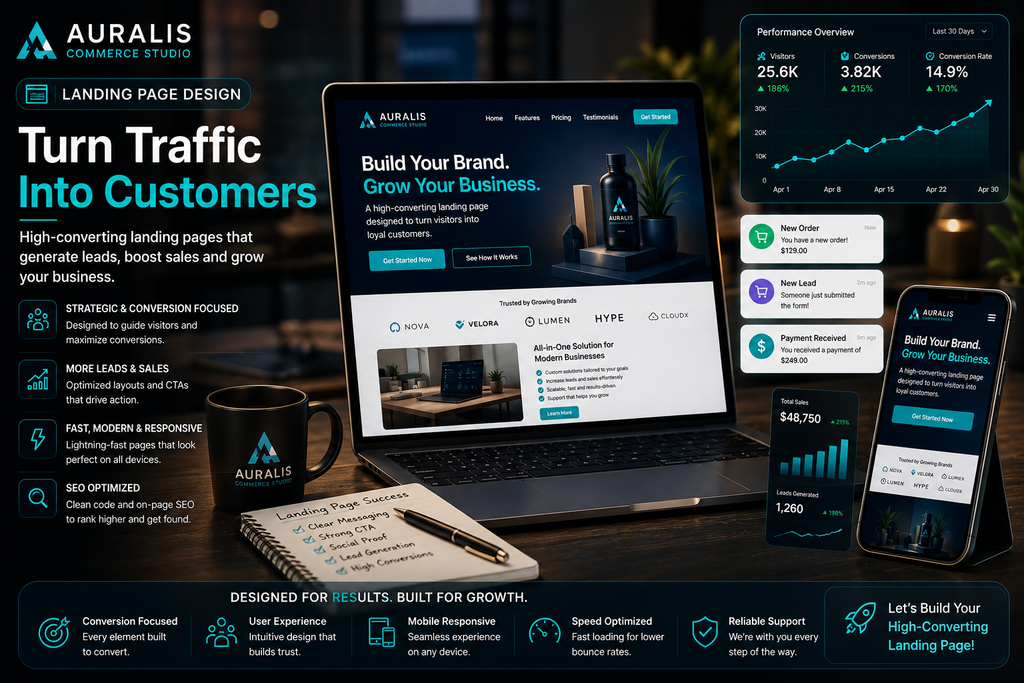 High-converting landing page design service by Auralis Commerce Studio displaying analytics dashboards, ecommerce branding, responsive design and lead generation features.