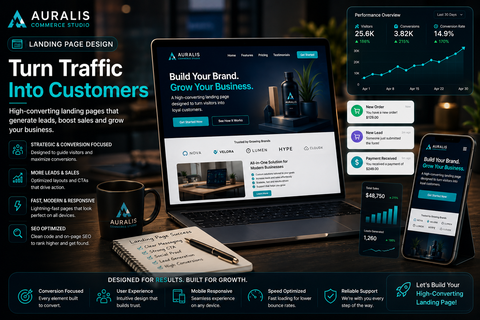 High-converting landing page design service by Auralis Commerce Studio displaying analytics dashboards, ecommerce branding, responsive design and lead generation features.