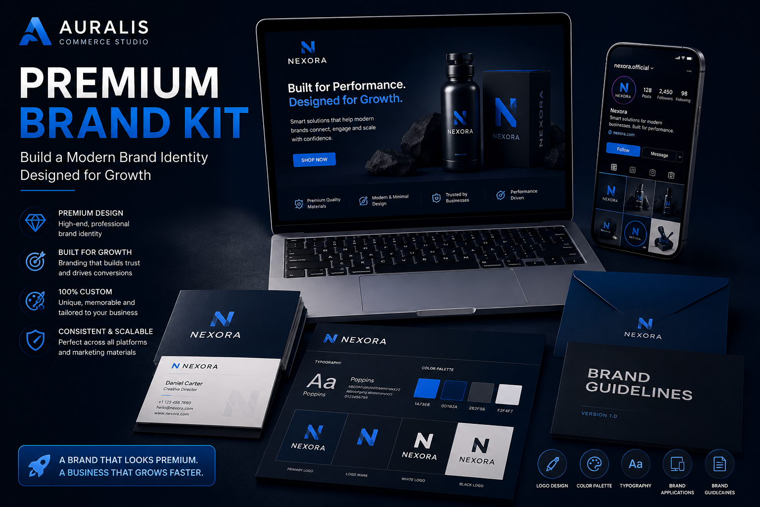 Premium Brand Kit by Auralis Commerce Studio showcasing modern logo design, typography, brand guidelines, ecommerce branding and professional digital identity assets.